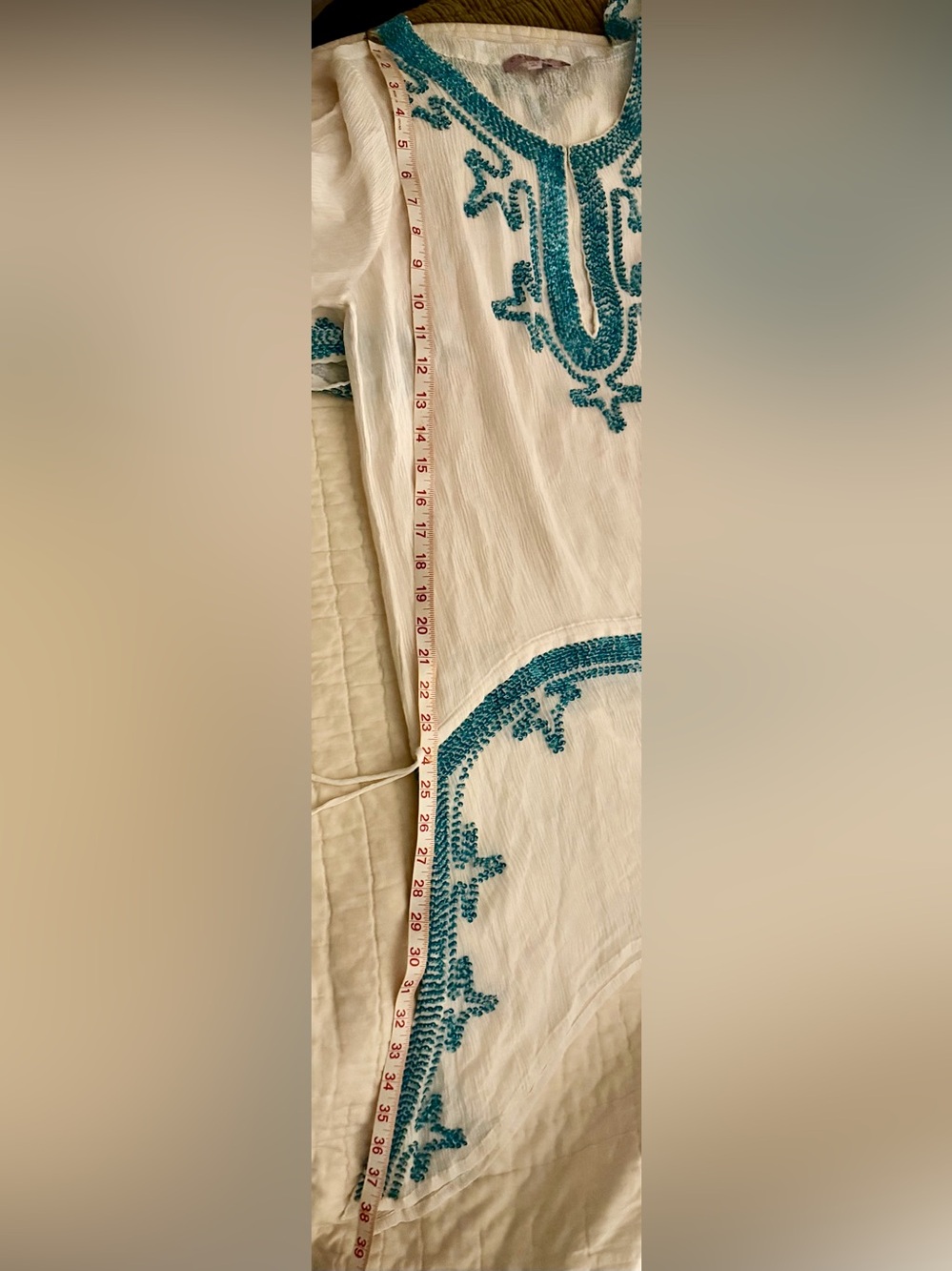 Calypso St. Barth 100% Silk White & Turquoise Sequined Beach Cover-Up Tunic - Picture 15 of 15